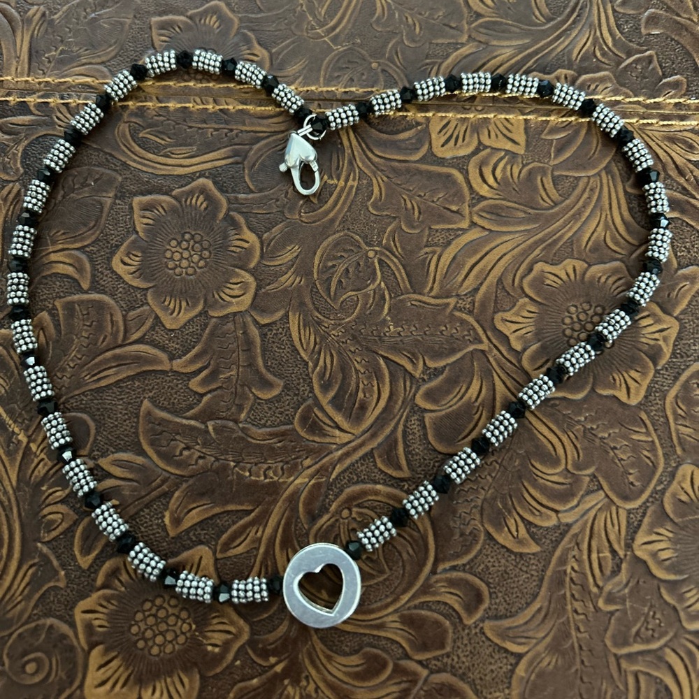 Black and Silver Beaded Necklace with Heart Pendant